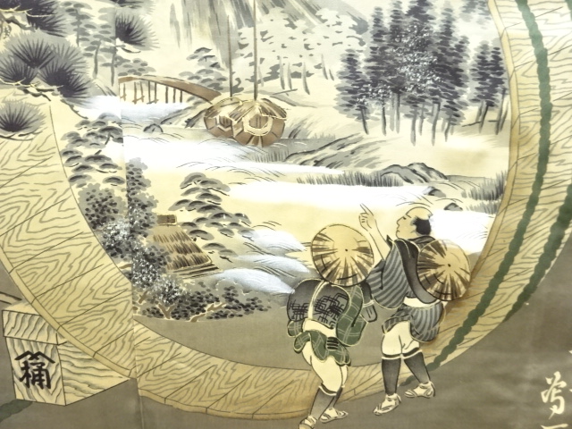 JAPANESE KIMONO / ANTIQUE MENS HAORI / SILK / DORO OSHIMA TSUMUGI / PEOPLE IN THE PAST & SCENERY(lining)